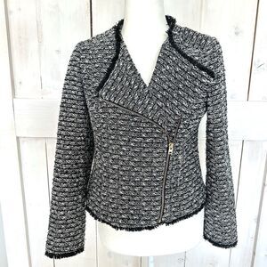 J. Crew Tweed Jacket Fringey‎ Zip Moto Black Women's Size 4